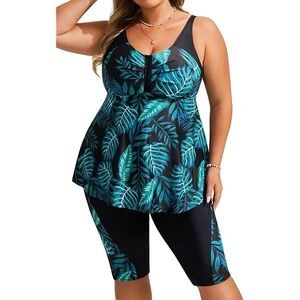 Hanna Nikole Womens Plus Size 24W Tankini Swimsuit Set Tropical Leaf Print Blue